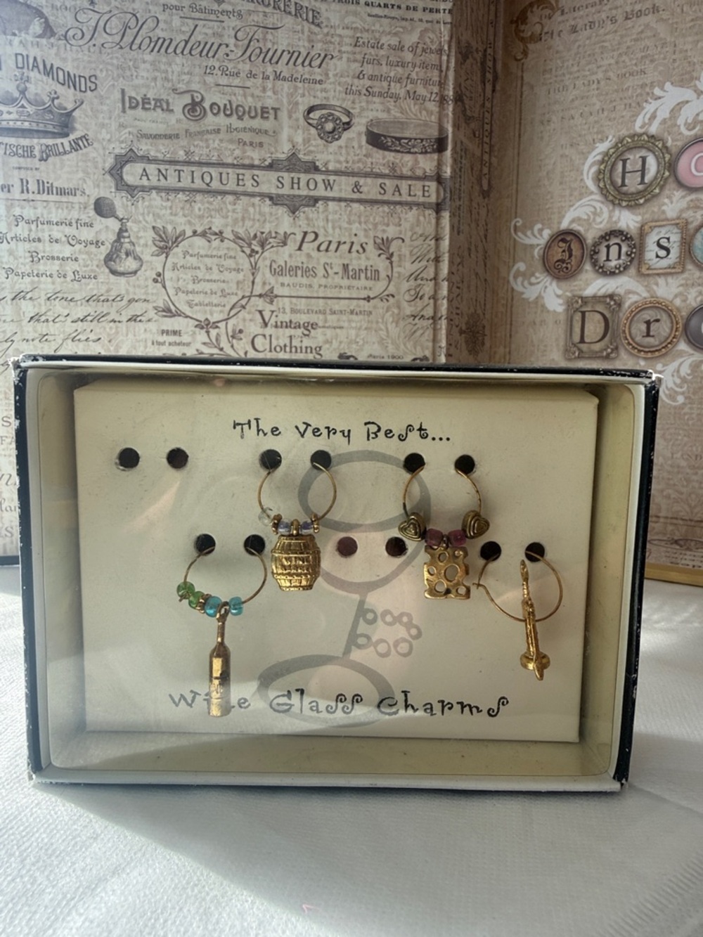 Vintage 2001 Gold Tone Wine Glass Charms Set with Mixed Accent Beads NEW